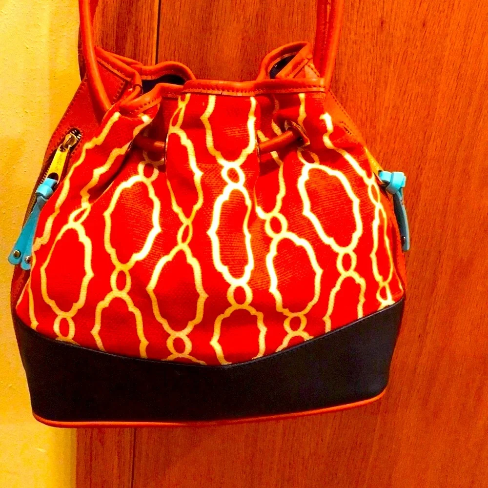Spartina 449 Sallie Ann Orange Cream Navy leather linen Bucket Bag purse VGUC